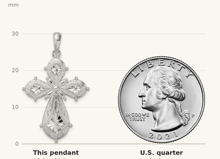 Classique True Size: De-Ani Sterling Silver Rhodium-Plated Scroll Diamond-Cut Rounded Cross Pendant shown next to a US quarter (24.3 mm)