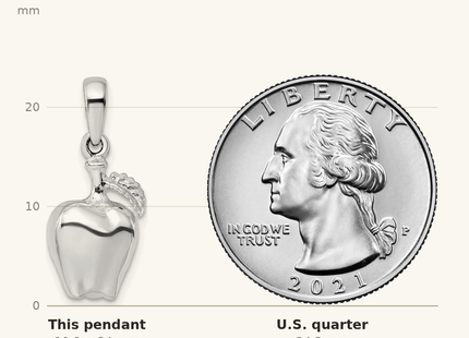 Classique True Size: De-Ani Sterling Silver Rhodium-Plated Polished 3D Apple Pendant shown next to a US quarter (24.3 mm)