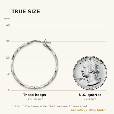 Sterling Silver Rhodium-plated Polished Textured Hoop Earrings, 36 x 1.6mm