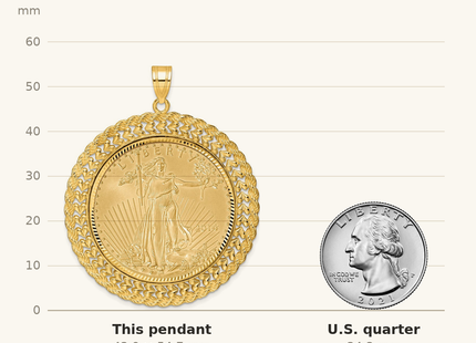 Classique True Size: Wideband Distinguished Coin Jewelry 14ky Diamond-cut Heart & Rope Prong Mounted 1oz American Eagle Coin Bezel Pendant shown next to a US quarter (24.3 mm)