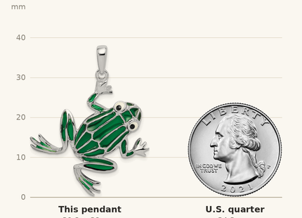 Classique True Size: De-Ani Sterling Silver Rhodium-Plated Polished Enameled Green Frog Pendant shown next to a US quarter (24.3 mm)