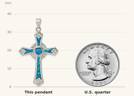 Classique True Size: Sterling Silver Rhodium-plated Lab Created Blue Opal and Clear CZ Cross Pendant shown next to a US quarter (24.3 mm)