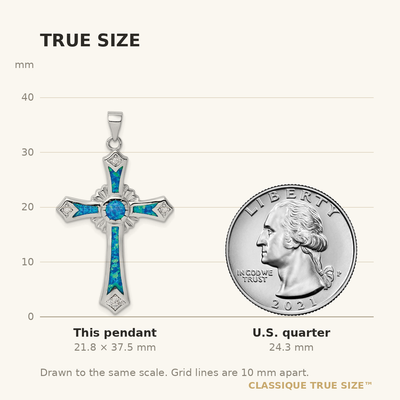 Sterling Silver Rhodium-plated Lab Created Blue Opal and Clear CZ Cross Pendant