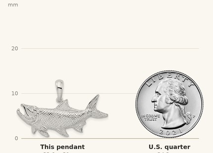 Classique True Size: De-Ani Sterling Silver Rhodium-Plated Polished Tarpon Fish Pendant shown next to a US quarter (24.3 mm)