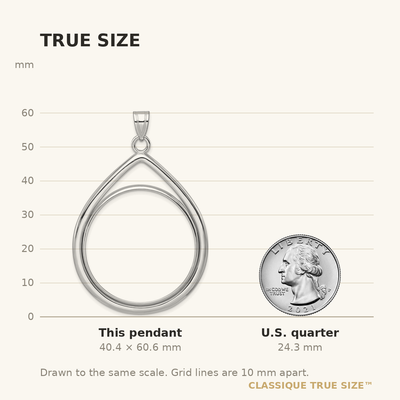 Wideband Distinguished Coin Jewelry 14K White Gold Polished Lightweight Teardrop Prong Coin Bezel Pendant, 60.6 x 39.5mm