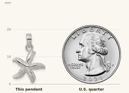 Classique True Size: De-Ani Sterling Silver Rhodium-Plated Polished and Textured Small Starfish Pendant shown next to a US quarter (24.3 mm)