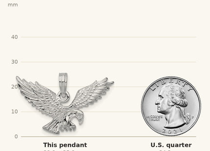 True size: De-Ani Sterling Silver Rhodium-Plated Textured 3D Landing Eagle Pendant shown next to a US quarter (24.3 mm)