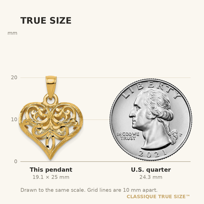 14K Polished 3-D Filigree Puffed Heart Pendant, 25 x 20mm