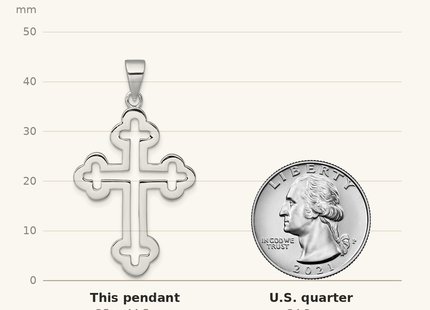 Classique True Size: Sterling Silver Rhodium-plated Polished Cutout Budded Cross Pendant shown next to a US quarter (24.3 mm)