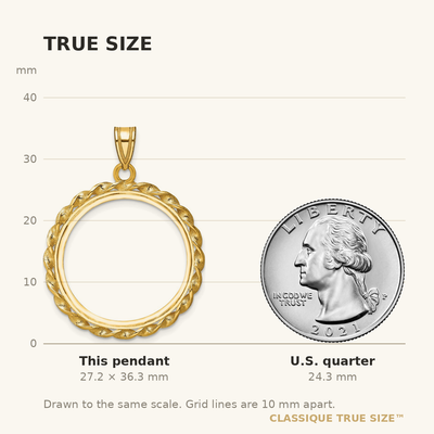 Wideband Distinguished Coin Jewelry 14K Polished Wide Twisted Wire Prong Coin Bezel Pendant, 36.3 x 27.5mm