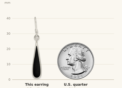 Classique True Size: Sterling Silver Polished Onyx Teardrop Dangle Earrings shown next to a US quarter (24.3 mm)