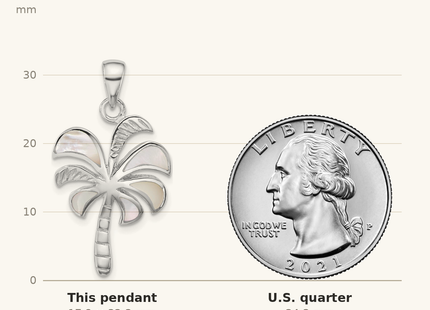 Classique True Size: Sterling Silver Rhodium-plated Polished Mother of Pearl Palm Tree Pendant shown next to a US quarter (24.3 mm)