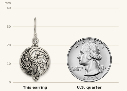 Classique True Size: Sterling Silver Polished & Antiqued Filigree Yin and Yang Dangle Earrings shown next to a US quarter (24.3 mm)
