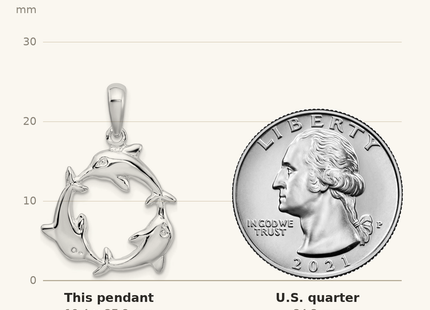 Classique True Size: De-Ani Sterling Silver Rhodium-Plated Polished 3 Dolphin Circle Pendant shown next to a US quarter (24.3 mm)