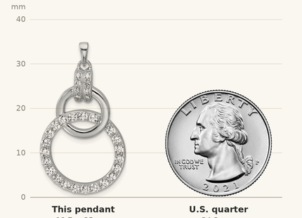 Classique True Size: Sterling Silver Rhodium-plated Polished CZ Two Circle Pendant shown next to a US quarter (24.3 mm)