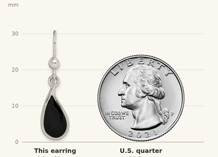 Classique True Size: Sterling Silver Polished Curved Onyx Teardrop Dangle Earrings shown next to a US quarter (24.3 mm)
