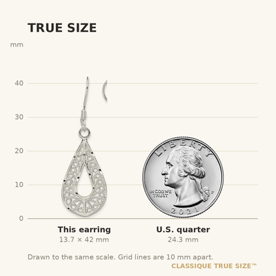 Sterling Silver Polished Textured D/C Filigree Teardrop Dangle Earrings, 42 x 15mm
