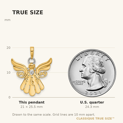 14K with White Rhodium D/C Angel Pendant, 25.5 x 21.6mm