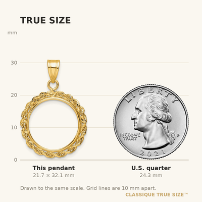 Wideband Distinguished Coin Jewelry 14K Polished Rope Prong Coin Bezel Pendant, 32.1 x 21.1mm