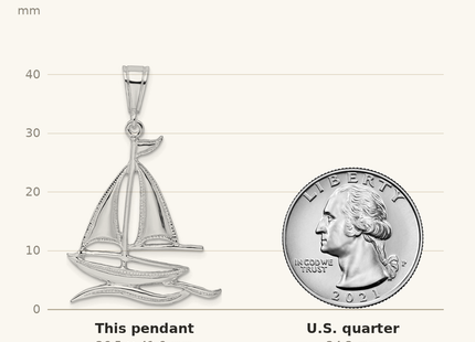 Classique True Size: De-Ani Sterling Silver Rhodium-Plated Polished and Textured Sailboat on Water Pendant shown next to a US quarter (24.3 mm)