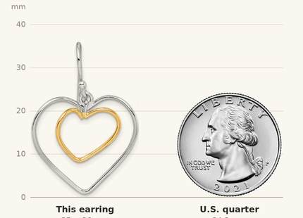 Classique True Size: Sterling Silver Gold-Plated Double Heart Wire Dangle Earrings shown next to a US quarter (24.3 mm)