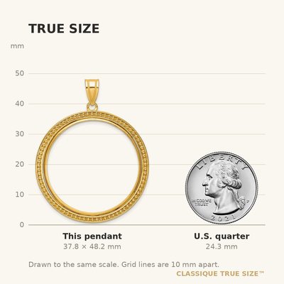 Wideband Distinguished Coin Jewelry 14K Polished and Beaded Prong Coin Bezel Pendant, 48.25 x 38.55mm
