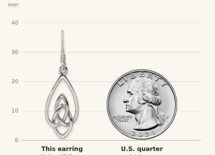 Classique True Size: Sterling Silver Rhodium-Plated Polished Dangle Celtic Knot Design Earrings shown next to a US quarter (24.3 mm)