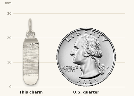 Classique True Size: Sterling Silver Skateboard Charm shown next to a US quarter (24.3 mm)