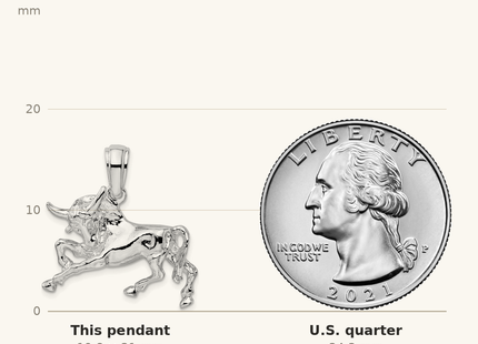 Classique True Size: De-Ani Sterling Silver Rhodium-Plated Polished Raging Bull Pendant shown next to a US quarter (24.3 mm)