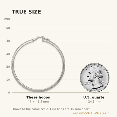 Sterling Silver Rhodium-plated Polished and Diamond-cut 4.00 x Tube Hoop Earrings, 46.5 x 4mm