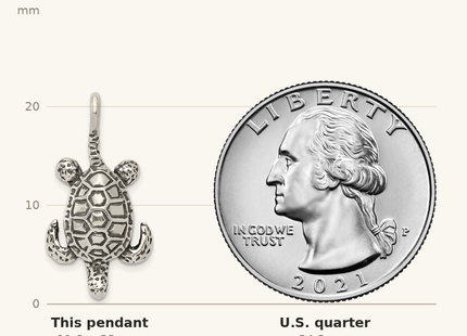 Classique True Size: Sterling Silver Antiqued Sea Turtle Pendant shown next to a US quarter (24.3 mm)