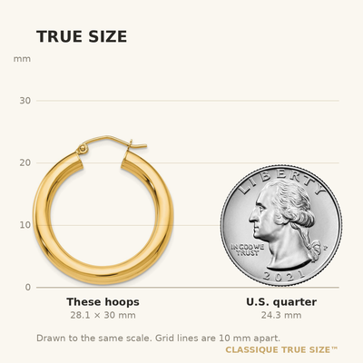 14K Polished Lightweight Tube Hoop Earrings, 30 x 4mm