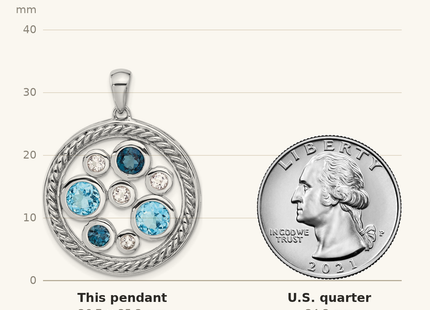 Classique True Size: Sterling Silver Rhodium-plated Multi-color Topaz Circle Pendant shown next to a US quarter (24.3 mm)