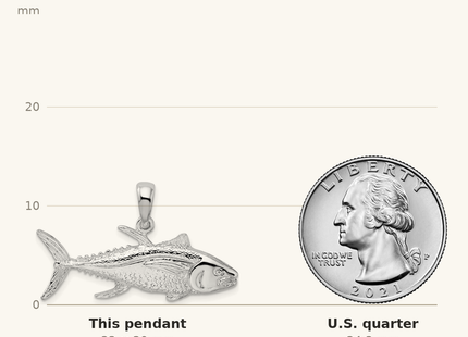 Classique True Size: De-Ani Sterling Silver Rhodium-Plated Polished Yellowfin Tuna Fish Pendant shown next to a US quarter (24.3 mm)