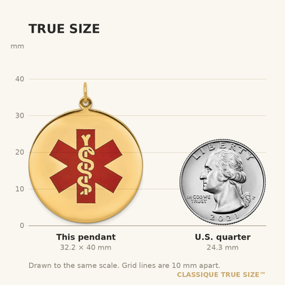 14K Round Red Enameled Medical Jewelry Pendant, 40 x 31.8mm