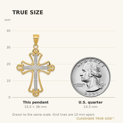 14K w/Rhodium Budded Cross Pendant, 38 x 22mm