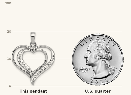 Classique True Size: Sterling Silver Rhodium-plated Stellux Crystal Double Heart Pendant shown next to a US quarter (24.3 mm)