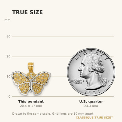 14K Polished with Rhodium Diamond-cut Filigree Butterfly Pendant