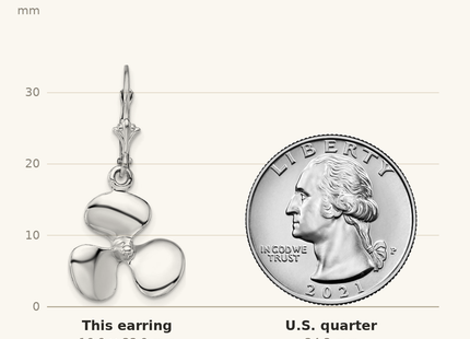 Classique True Size: De-Ani Sterling Silver Rhodium-Plated Polished 3D Propeller Leverback Earrings shown next to a US quarter (24.3 mm)