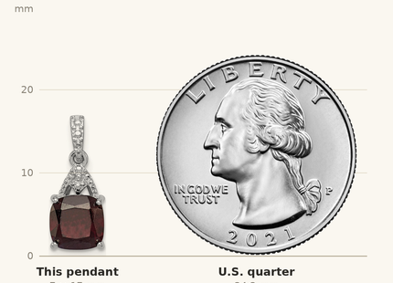 Classique True Size: Sterling Silver Rhodium Plated Diamond Garnet Cushion Pendant shown next to a US quarter (24.3 mm)