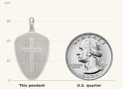 Classique True Size: De-Ani Sterling Silver Rhodium-Plated Textured Cross Shield Joshua 1:9 Reverse Pendant shown next to a US quarter (24.3 mm)