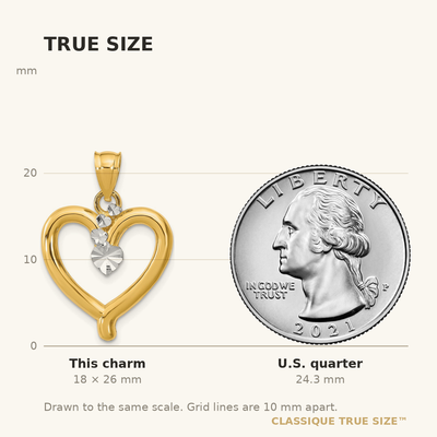 14K w/Rhodium Diamond-cut Heart Charm, 26 x 19mm