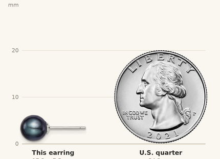 Classique True Size: Sterling Silver Rhodium-plated 7- Black Round Freshwater Cultured Pearl Post Earrings shown next to a US quarter (24.3 mm)
