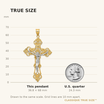 14K Two-tone Inri Fleur De Lis Crucifix Pendant, 68 x 36mm
