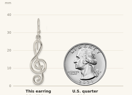 Classique True Size: Sterling Silver Polished Treble Clef Dangle Shepherd Hook Earrings shown next to a US quarter (24.3 mm)