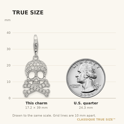 Amore La Vita Sterling Silver Rhodium-plated Polished CZ Skull and Cross Bones Charm with Fancy Lobster Clasp