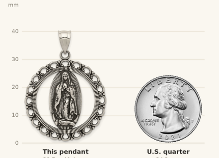 Classique True Size: Sterling Silver Antiqued Religious Ruffled Circle Pendant shown next to a US quarter (24.3 mm)