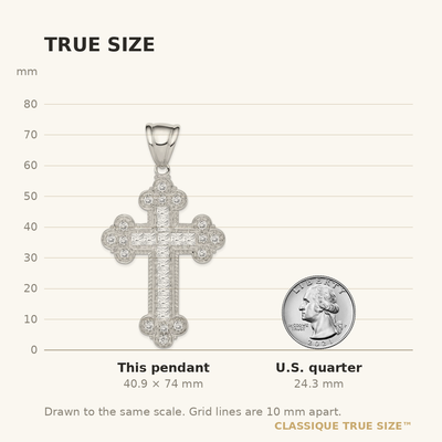 Sterling Silver Rhodium-plated CZ Budded Cross Pendant, 74 x 41mm