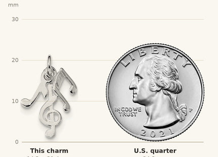 True size: Sterling Silver Rhod-plated Polished Music Notes Charm shown next to a US quarter (24.3 mm)