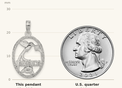 Classique True Size: De-Ani Sterling Silver Rhodium-Plated Jamaica Oval Bird and Flower Pendant shown next to a US quarter (24.3 mm)